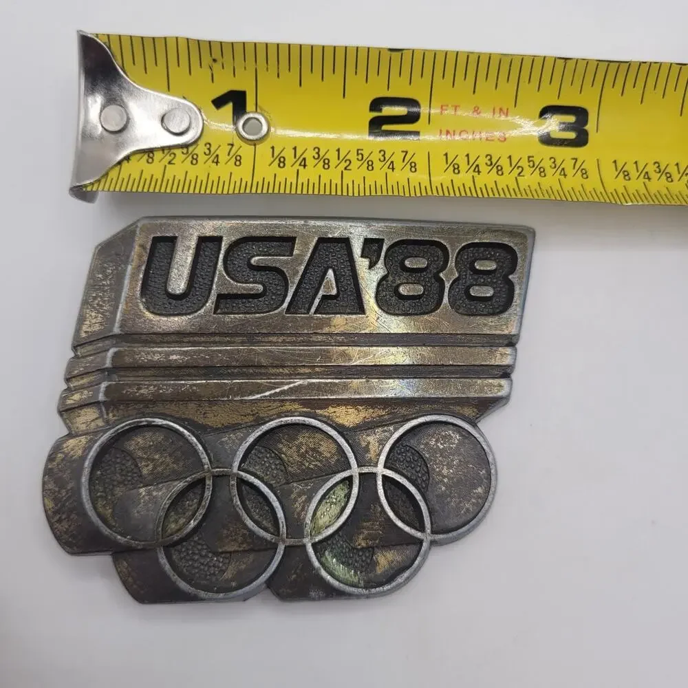 Vintage USA 88 Olympics Belt Buckle Silver Metal Rings 80s Retro Americana Seoul